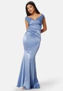 Goddiva Satin Bardot Pleat Maxi Dress Dusty Blue S (UK10)