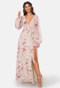 Goddiva Floral Long Sleeve Chiffon Maxi Dress Latte XL (UK16)