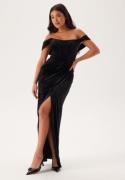 Goddiva Velvet Bardot Corset Maxi Dres Black S (UK10)