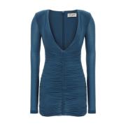 Saint Laurent Cupro Jersey V-Ringad Klänning Blue, Dam