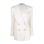 Tagliatore Randig Linneblandning Dubbelknäppt Blazer White, Dam