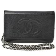Chanel Vintage Begagnad Svart Läder Chanel Plånbok på Kedja Black, Dam