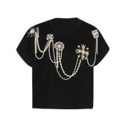 Balmain Kortärmad bomullst-shirt med gyllene broderi Black, Dam