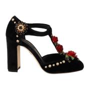 Dolce & Gabbana Svarta Mary Jane Pumps med Rosor och Kristaller Black,...