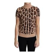 Dolce & Gabbana Lyxig Leopardmönstrad Ull Turtleneck Topp Beige, Dam