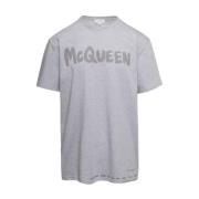 Alexander McQueen Grå Oversized T-Shirt med Tonal Logo Print Gray, Her...