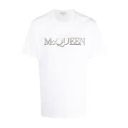 Alexander McQueen Broderad Logotyp Bomull T-shirt för Män White, Herr