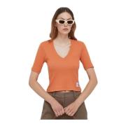 Calvin Klein Räfflad V-Hals T-Shirt Orange, Dam