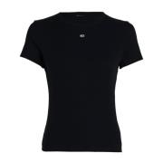 Tommy Jeans Slimmad Ribbad Bomull Stretch T-Shirt Black, Dam