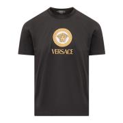 Versace Svart Crew Neck T-shirt med Broderad Medusa-logotyp Black, Her...