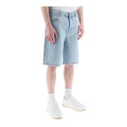 Drole de Monsieur Tvättade denimshorts med läderlogotyp Blue, Herr