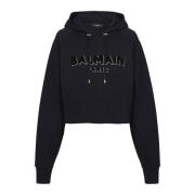 Balmain Kort bomulls sweatshirt med flockat metalliskt logo Black, Dam