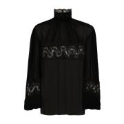 Dolce & Gabbana Svart silkeschiffongskjorta med spetsinsatser Black, D...