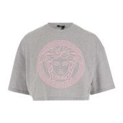 Versace Grå Bomulls Crop T-shirt med Logodetalj Gray, Dam
