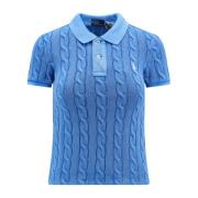 Ralph Lauren Blå Flätad T-shirt med Krage Blue, Dam