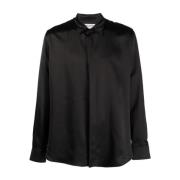 Saint Laurent Svart silkesatin skjorta med klassisk krage och knappstä...