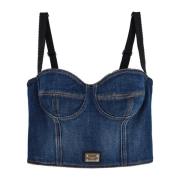 Dolce & Gabbana Animalier Denim Bustier Top Blue, Dam