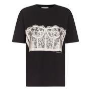 Alexander McQueen Svart oversize T-shirt med spetskorsetttryck Black, ...