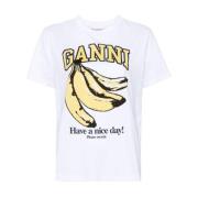 Ganni T-shirt med Grafiskt Tryck och Crew Neck White, Dam
