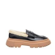 Hogan Svart läder och fuskpäls loafer Black, Dam