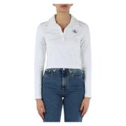 Calvin Klein Jeans Logo Patch V-Hals Polo i Viskosblandning White, Dam