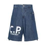 C.p. Company Blå Denim Logo Print Dragsko Shorts Blue, Herr