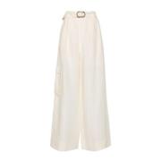 Twinset Ivory Wide Leg Linneblandning Byxor White, Dam