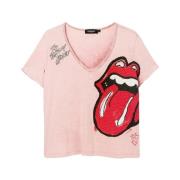 Desigual Rosa Rolling Stones T-shirt Pink, Dam