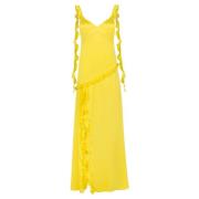 Jaaf Lång silkesklänning med volanger i Citrongul Yellow, Dam