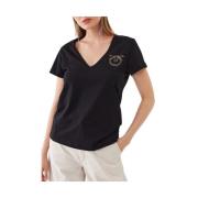 Pinko Svart V-ringad T-shirt med blankt logotyp Black, Dam