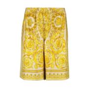 Versace Silk Barocco Print Elastisk Midja Shorts Yellow, Herr