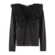 Ganni Ruffle V-neck Blus Black, Dam