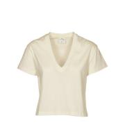 Courrèges V Neck Cropped T-Shirt Beige, Dam