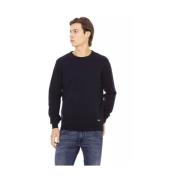 Baldinini Blå Ull Crewneck Sweater med Metallmonogram Blue, Herr