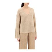 By Malene Birger V-ringad tröja i plattstickad ribbstickning Beige, Da...