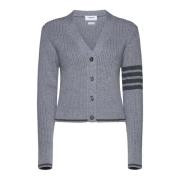 Thom Browne Cropped V-Neck Sweater med Ränder Gray, Dam