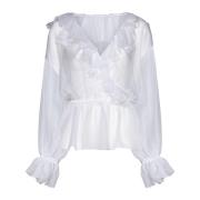 Dolce & Gabbana Vit Silke V-ringad Ruffled Skjorta White, Dam