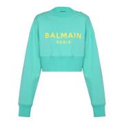 Balmain Croppad sweatshirt med Paris-tryck Blue, Dam