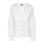 Ganni Ruffled Bib Collar Cotton Shirt White, Dam