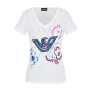 Emporio Armani Grafiskt Tryck V-ringad T-shirt White, Dam