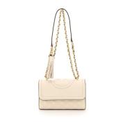 Tory Burch Vadderad läderväska med präglat logotyp Beige, Dam