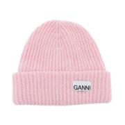 Ganni Räfflad Mélange Beanie Mössa med Logo Patch Pink, Dam