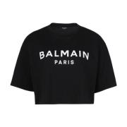 Balmain beskuren bomull T-shirt med logotyptryck Black, Dam