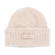 Calvin Klein Satin Label Wool-Blend Beanie Hat Beige, Dam