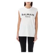 Balmain Rund Hals Logo Print Tank Top White, Dam