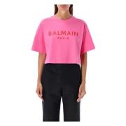 Balmain Cropped Logo T-Shirt Fucsia Rose Pink, Dam