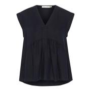 InWear Feminin V-ringad Topp med Rynkdetalj Blue, Dam