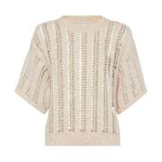 Brunello Cucinelli Lyxig Crew Neck Short Sleeve Sweater Beige, Dam