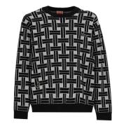 Kenzo Svart Crew Neck Sweater Väv Mönster Black, Herr