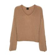 Pinko Räfflad Stickad V-ringad Tröja Beige, Dam